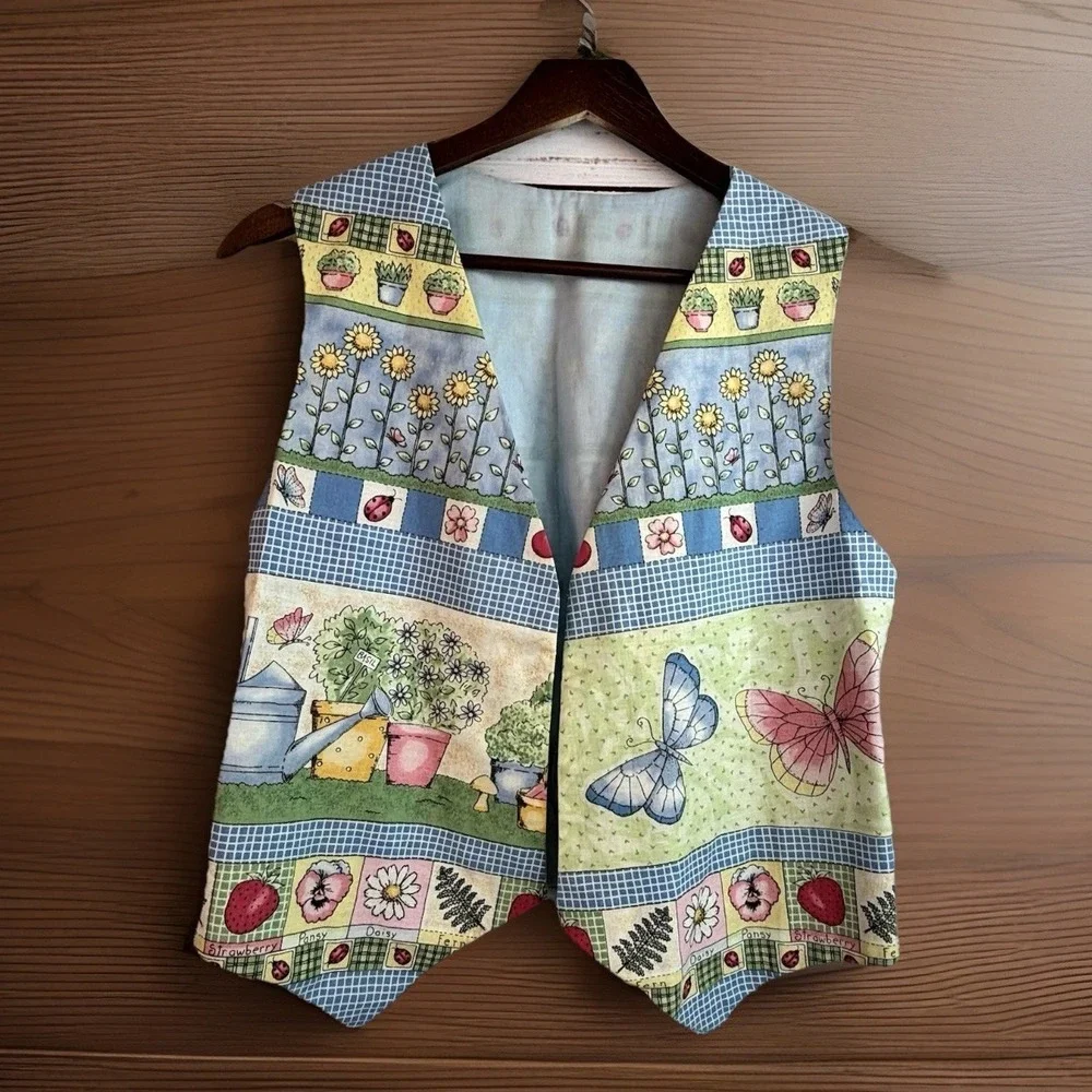 Handmade Spring Garden Vest S/M Pastel Butterfly Flowers Gingham Check Kitsch
